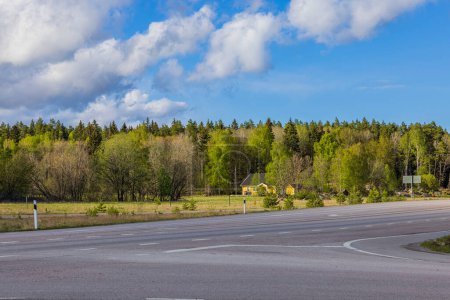 Beautiful view of crossroads of highway on background of forest in sunny summer day. Sweden.