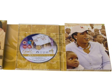 Foto de Close up view of disc 4 of 20th anniversary DVD set box of Oprah Winfrey show. Sweden. Uppsala. 01.30.2023. - Imagen libre de derechos