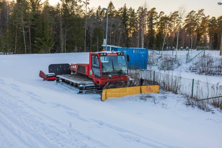 Photo for View of colorful machine for machine ski tracks laying. Sweden. Storvreta. 02.26.2023. - Royalty Free Image