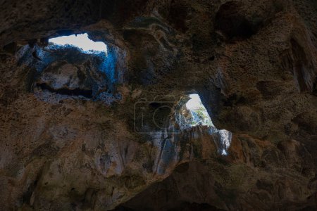 Téléchargez les photos : Belle vue sur le plafond de la grotte de Quadirikiri avec des ouvertures à l'extérieur. Aruba. - en image libre de droit