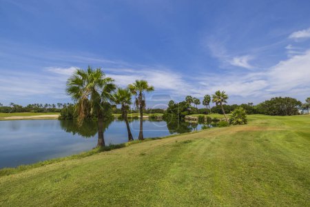 View of tropical landscape with lakes and golf course on Aruba Island, where lush greenery and serene water features create picturesque oasis.
