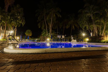 Photo for Beautiful night view of the Radisson hotel grounds with palm trees and an open pool illuminated by lights. Miami Beach. USA. - Royalty Free Image