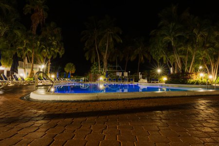 Photo for Beautiful nighttime ambiance surrounds the Radisson hotel, where palm trees sway beside an illuminated outdoor pool. Miami Beach. USA. - Royalty Free Image