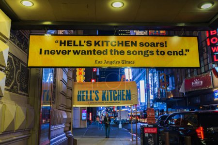 Photo for "Hell's Kitchen soars! I never wanted the songs to end!" - This title is displayed on the marquee of the Shubert Theater on Broadway in New York City. NY. USA. - Royalty Free Image