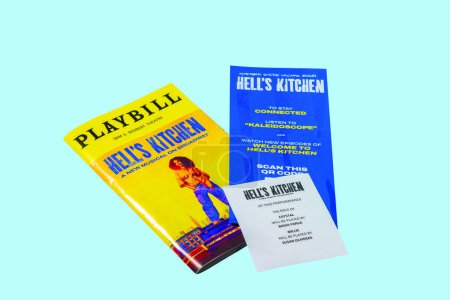 Photo for Close-up view of the Shubert Broadway theater poster promoting the premiere of the new musical "Hell's Kitchen" by Alicia Keys isolated on blue background. NY. USA. - Royalty Free Image