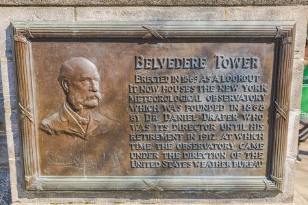 Photo for View of memorial plaque on Belvedere Tower in Central Park, detailing its history and connection to Dr. Daniel Draper and New York Meteorological Observatory. NY. USA. - Royalty Free Image