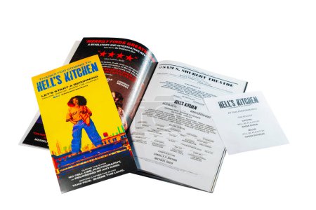 Photo for Close-up view of colorful promotional materials for the "Hell's Kitchen" performance, featuring vibrant playbills and detailed program pages. New York. USA. - Royalty Free Image