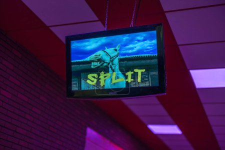 Photo for Close-up view of a game status screen in a bowling center displaying "Split". - Royalty Free Image