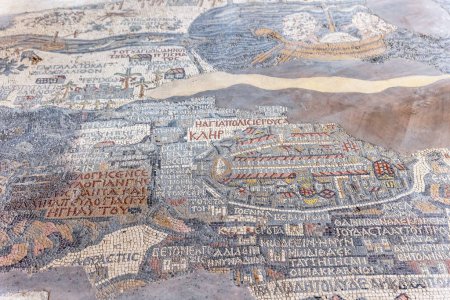 Photo for Original Madaba Mosaic Map, is part of a floor mosaic in the of Saint George in Madaba, Jordan. It is the oldest surviving original cartographic depiction of the Holy Land - Royalty Free Image