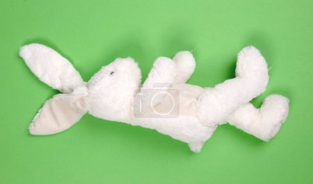 Téléchargez les photos : Jouet lapin, isolé sur fond vert solide - en image libre de droit