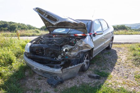 Téléchargez les photos : Voiture argentée après un accident avec capot ouvert, France - en image libre de droit