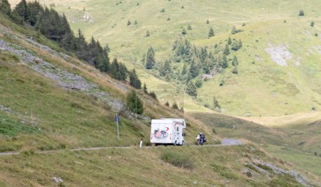 Photo for Motor home vacation Dolomites, camper on the narrow trail - Royalty Free Image