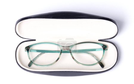 Pair of classics eyeglasses in case isolated on white background
