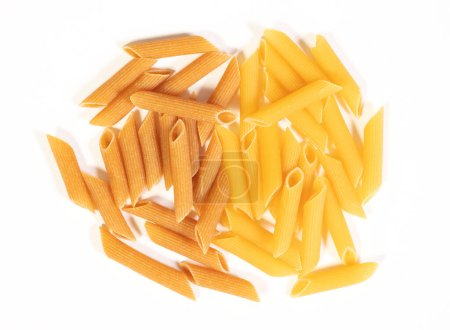 Pasta Penne Rigate (whole-weat and regular pasta), isolated on white