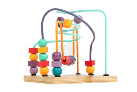 Children's developing toy, a labyrinth of wooden beads isolated on a white baskground