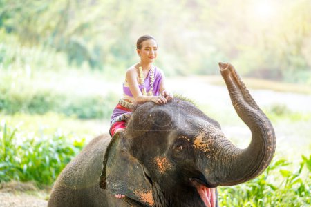 Una hermosa niña tailandesa con vestido tradicional tailandés del norte que actúa y monta el cuello de un elefante para una sesión de fotos sobre un fondo borroso.