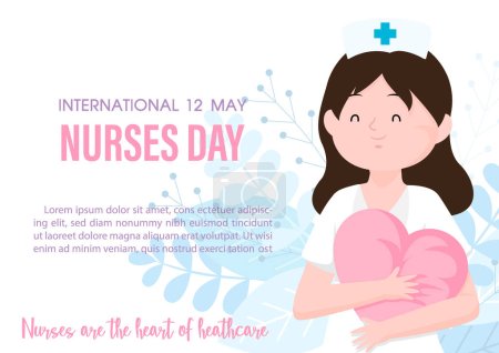 Krankenschwester in Cartoon-Figur hält ein herzförmiges Kissen mit der Aufschrift Nurses Day, Beispieltexte auf weißem Hintergrund. Plakatkampagne zum Internationalen Tag der Krankenschwester in flachem Stil und Vektordesign.
