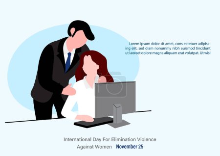 Illustration for Poster campaign of International day for the elimination of Violence Against Women in cartoon character with workplace harassment concept and example texts on blue background. - Royalty Free Image