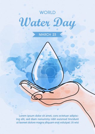 Illustration for Human hand with giant water droplet in one line and water colors style and example texts on blue paper pattern background. Poster campaign of world water day in vector design - Royalty Free Image