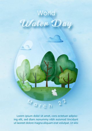 Illustration for Green forest in a giant transparent water droplet with wording of World water day, example texts on  blue background. Poster's campaign of water day in watercolors style and vector design. - Royalty Free Image