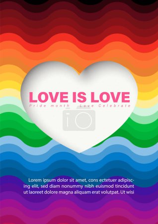 Slogan der Liebe in weißer Herzform und Papier ausgeschnittenen Stil, Beispieltexte auf 7 Farben bar Regenbogen von Stolz Hintergrund. Grußkarte und Poster des stolzen Monats im Vektordesign.