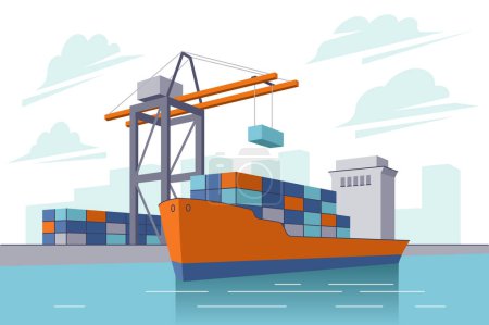 Téléchargez les illustrations : Industrial sea port cargo logistics container import export freight ship crane water delivery transportation concept - en licence libre de droit