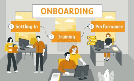 Onboarding process vector illustration in flat style. Integrating a new employee into the organization and its culture.