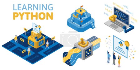 Python programming language certification. Set of isometric illustrations.