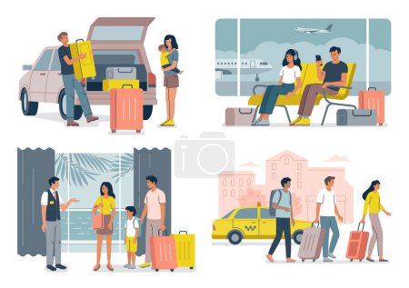 People with suitcases in travel. Concept of tourism, journey, trip. Set of vector flat illustration of tourists, persons with luggage.