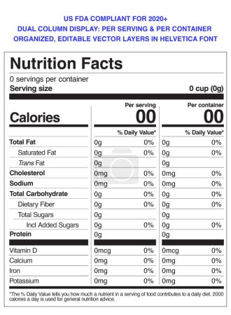 Illustration for Nutrition Facts Template - Dual Column: Per Serving and Per Container - US FDA Compliant 2020 Editable Text in Helvetica Font - Royalty Free Image