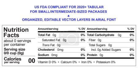 Illustration for Nutrition Facts Template - Tabular - US FDA Compliant 2020 Editable Text in Arial Font - Royalty Free Image