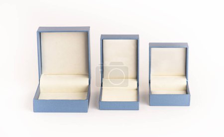 Photo for Jewelry Boxes on white background. Various sizes jewelry boxes opened. Three box mockup. - Royalty Free Image