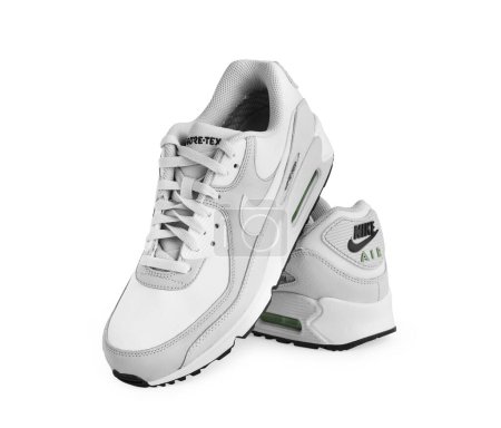 Photo for Istanbul, Turkey - April 12, 2023: Nike Air Max 90 GTX model shoes on white background. White and Gray color GORE-TEX shoes. Clipping Path. Isolated. - Royalty Free Image
