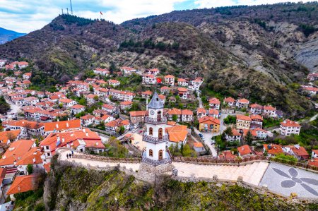 Photo for Goynuk District of Bolu, Turkey. The Victory Tower (Zafer Kulesi) with Goynuk view. Beautiful landscape of Goynuk with traditional historical houses. Aerial shooting with drone. - Royalty Free Image