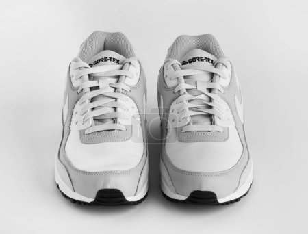 Foto de Estambul, Turquía - 12 de abril de 2023: Nike Air Max 90 GTX zapatos modelo sobre fondo blanco. Zapatos GORE-TEX de color blanco y gris. - Imagen libre de derechos