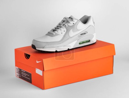 Photo for Istanbul, Turkey - April 12, 2023: Nike Air Max 90 GTX model shoes on white background. White and Gray color GORE-TEX shoes. - Royalty Free Image