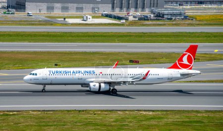 Photo for Istanbul, Turkey - June 3, 2023: Turkish Airlines Airbus A321 (TC-JTM) landing to Istanbul Airport. Plane name: Sarachane. - Royalty Free Image