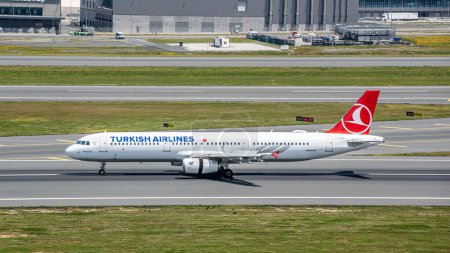 Photo for Istanbul, Turkey - June 3, 2023: Turkish Airlines Airbus A321 (TC-JSC) landing to Istanbul Airport. Plane name: Arnavutkoy. - Royalty Free Image