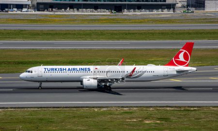 Photo for Istanbul, Turkey - June 3, 2023: Turkish Airlines Airbus A321 (TC-LSG) landing to Istanbul Airport. Plane name: Yozgat. - Royalty Free Image