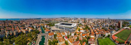 Photo for Kadikoy panoramic view. Istanbul, Turkey. Beautiful aerial view with drone shot. Fenerbahce Sukru Saracoglu Stadium with Kadikoy panorama. - Royalty Free Image