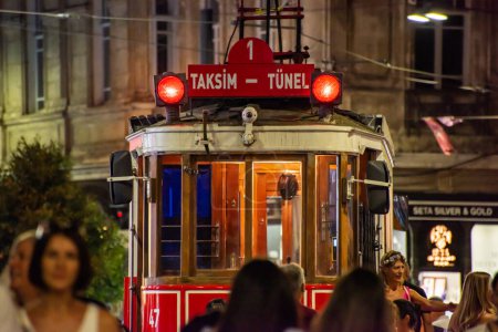 Photo for Istanbul, Turkey - September 23, 2023: Nostalgic Red Tram of Istanbul. Historic tram in Taksim Istiklal Street. Touristic popular destination Taksim Istiklal Street. Beyoglu, Istanbul, Turkey. - Royalty Free Image