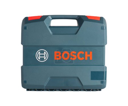 Photo for Istanbul - September 30, 2023: Bosch Drill Carrying Case on white background. Green plastic box. - Royalty Free Image