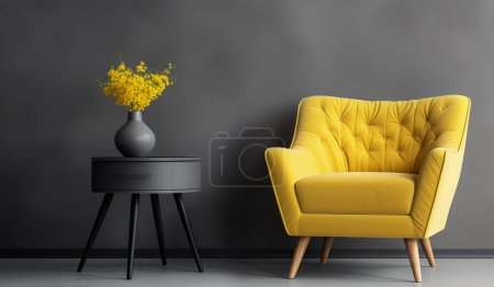 Photo for A modern minimalist interior design. Living room with empty concrete wall background in modern house. Yellow chair and black table in room. Generative Ai. - Royalty Free Image