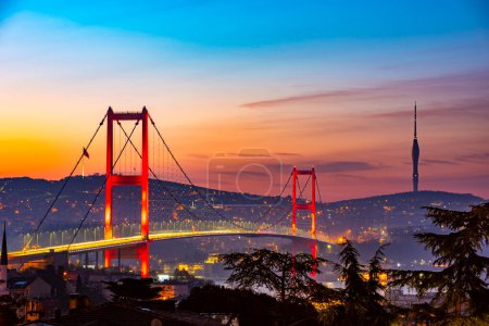 Photo for Istanbul City in Turkey. Beautiful Istanbul bosphorus sunrise landscape. Amazing colored sky in morning. Istanbul Bosphorus Bridge. - Royalty Free Image