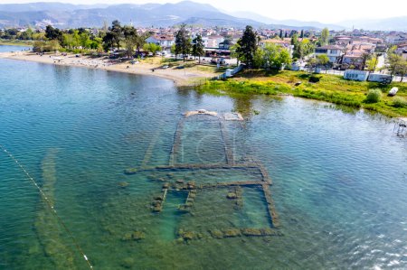 Underwater Basilica in Iznik Lake. Bursa, Turkey. Basilica of Saint Neophytos. Drone shot.