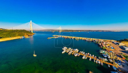 Yavuz Sultan Selim Brücke in Istanbul, Türkei. 3. Brücke über den Bosporus von Istanbul. Luftaufnahme mit Drohne.