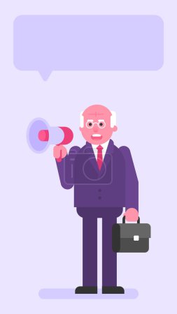 Ilustración de Viejo hombre de negocios sosteniendo la maleta y habla en megáfono. Gente plana. Ilustración vectorial - Imagen libre de derechos