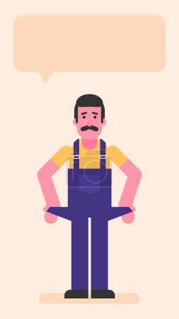 Illustration for Repairman shows empty pockets and upset. Flat people. Vector illustration - Royalty Free Image