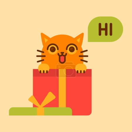 Téléchargez les illustrations : Chat dans la boîte cadeau dit bonjour. Drôle de personnage. Illustration vectorielle - en licence libre de droit