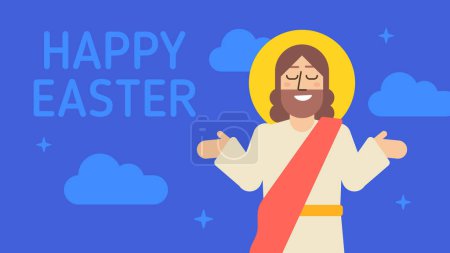 Ilustración de Feliz Pascua. Jesús extiende sus manos y sonríe. Opción dos. Tarjeta de felicitación. Ilustración vectorial - Imagen libre de derechos